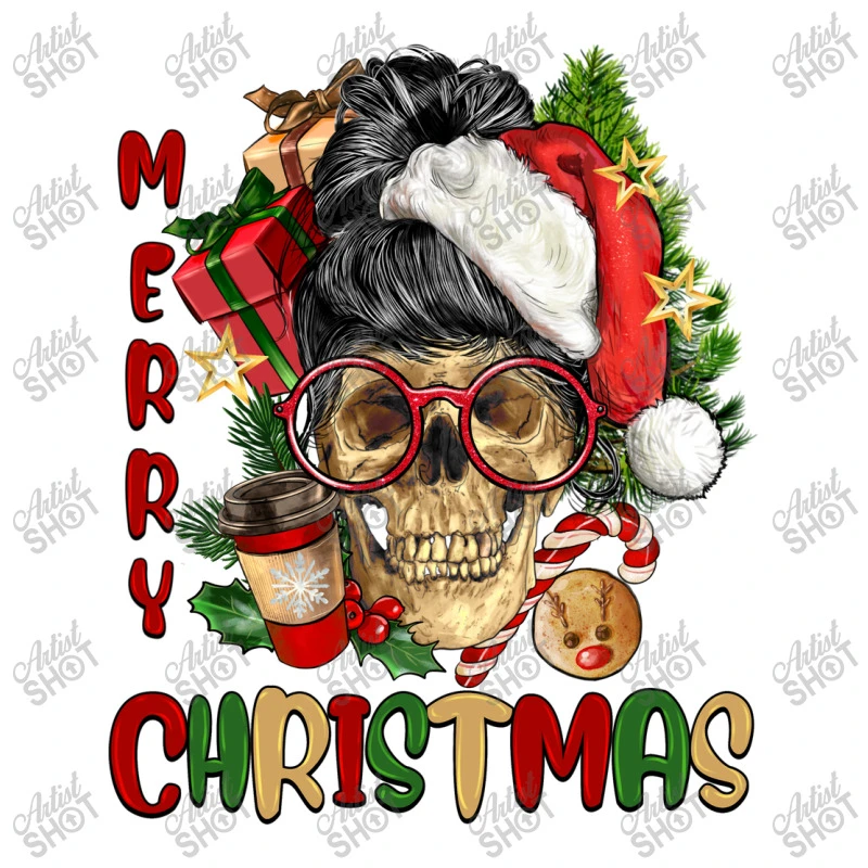 Merry Christmas Skeleton Messy Bun Youth Tee - Image 5