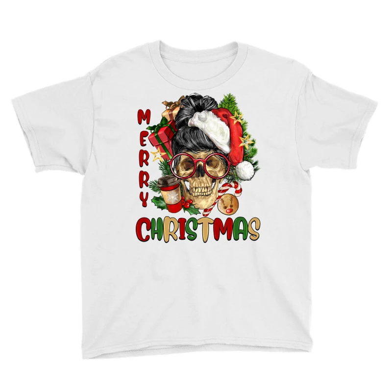 Merry Christmas Skeleton Messy Bun Youth Tee - Image 3