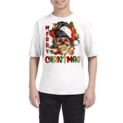 Merry Christmas Skeleton Messy Bun Youth Tee